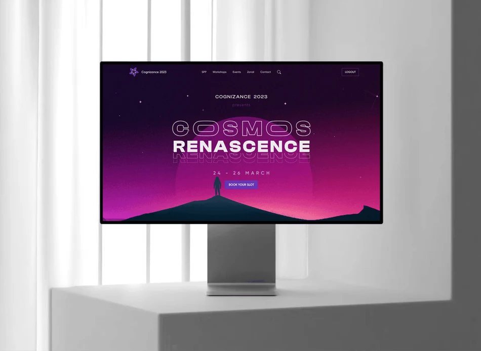 Cognizance 2023 website hero titled Cosmos Renascence, 24 to 26 March, with a figure on a hill under a magenta night sky, on a desktop monitor