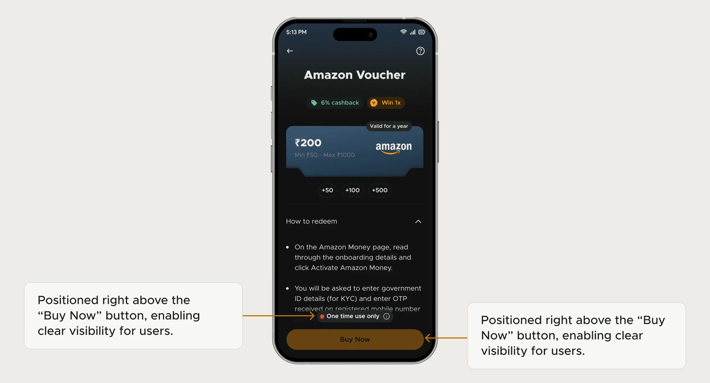 FamPay Amazon voucher purchase screen with two callouts pointing to the 'One time use only' pill and to the Buy Now button directly below it