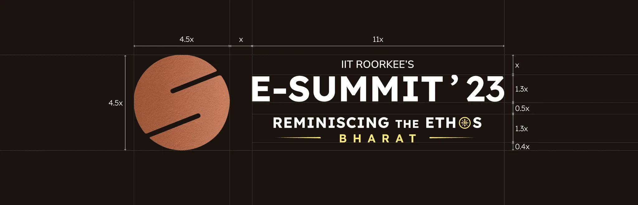 E-Summit '23 logo lockup on dark brown overlaid with a construction grid and clear-space measurements