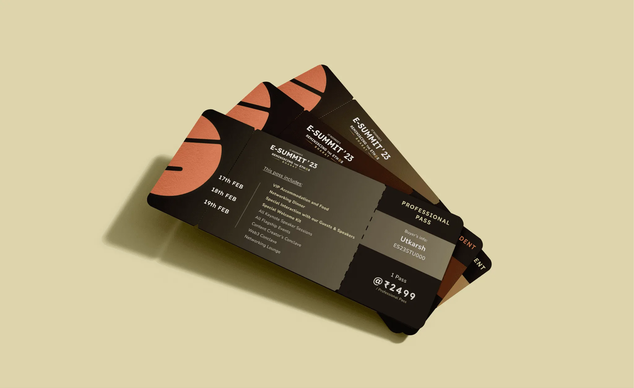 Fanned stack of dark E-Summit '23 event passes with copper accents, dates and a list of inclusions