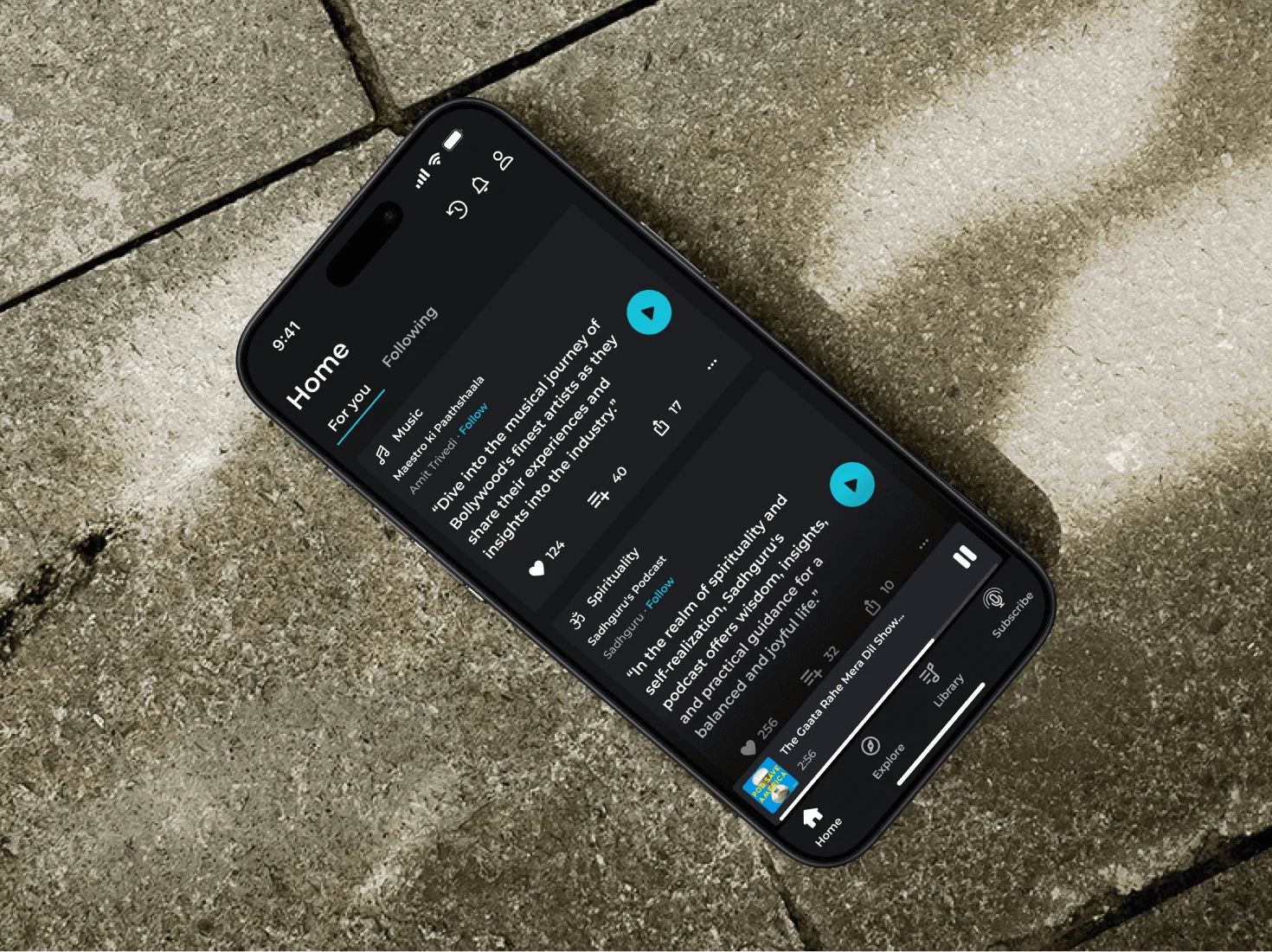 Soundsphere app phone mockup on a textured dark surface