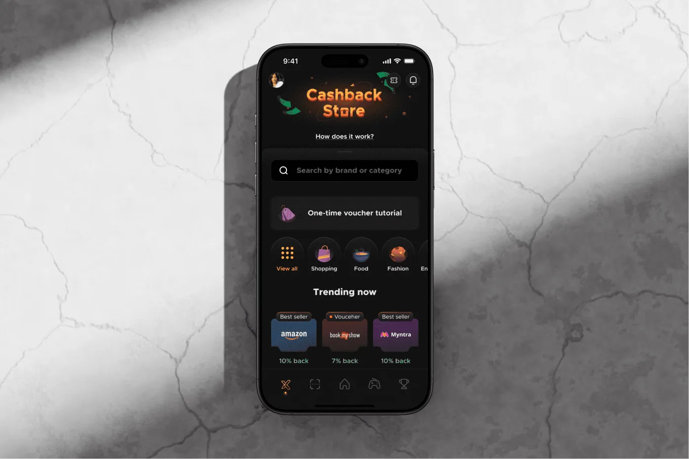 Fampay Cashback Store phone mockup on a marble surface