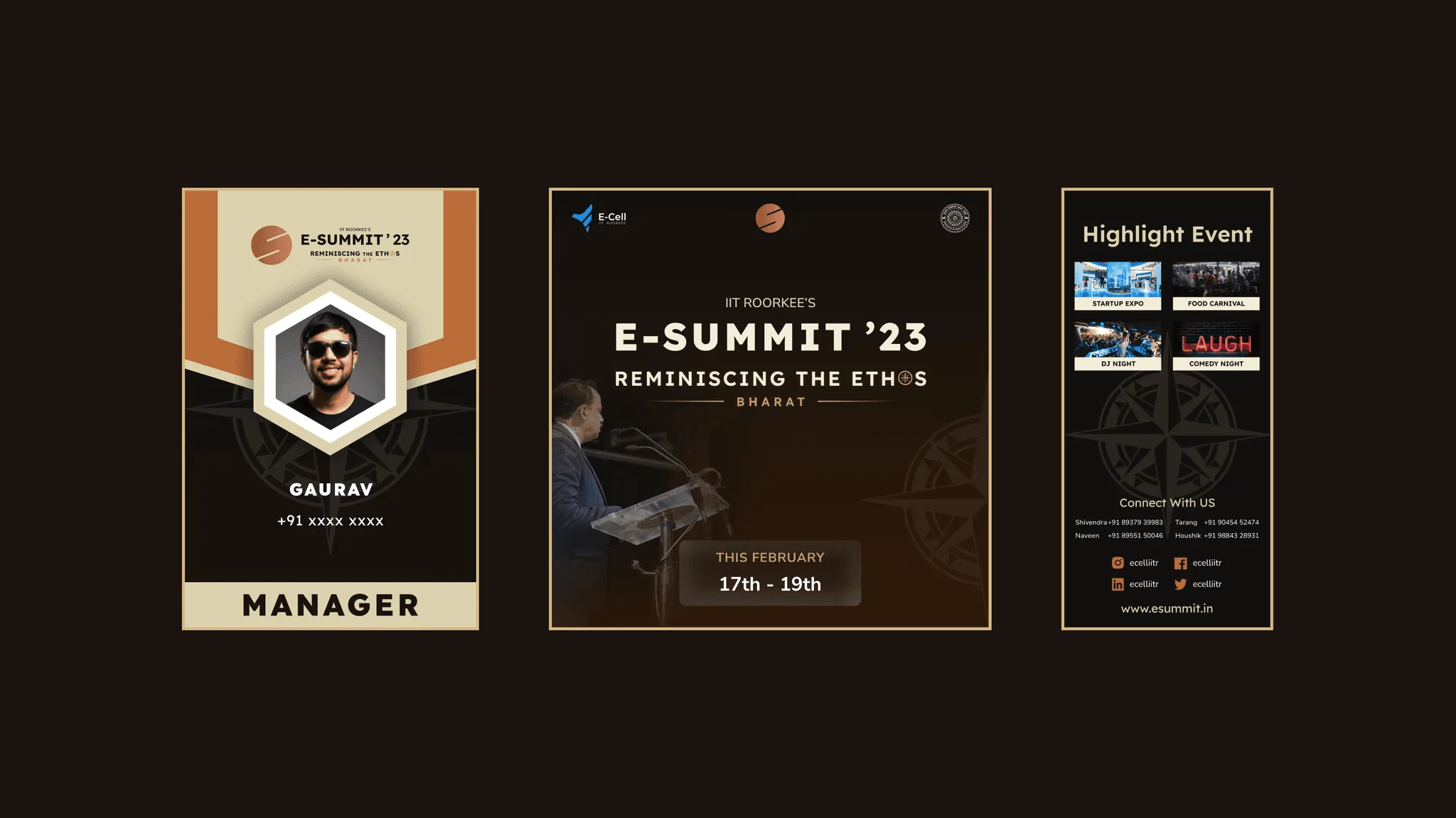 Three E-Summit applications on dark brown: a Manager team ID card with a portrait, an event poster and a Highlight Event flyer