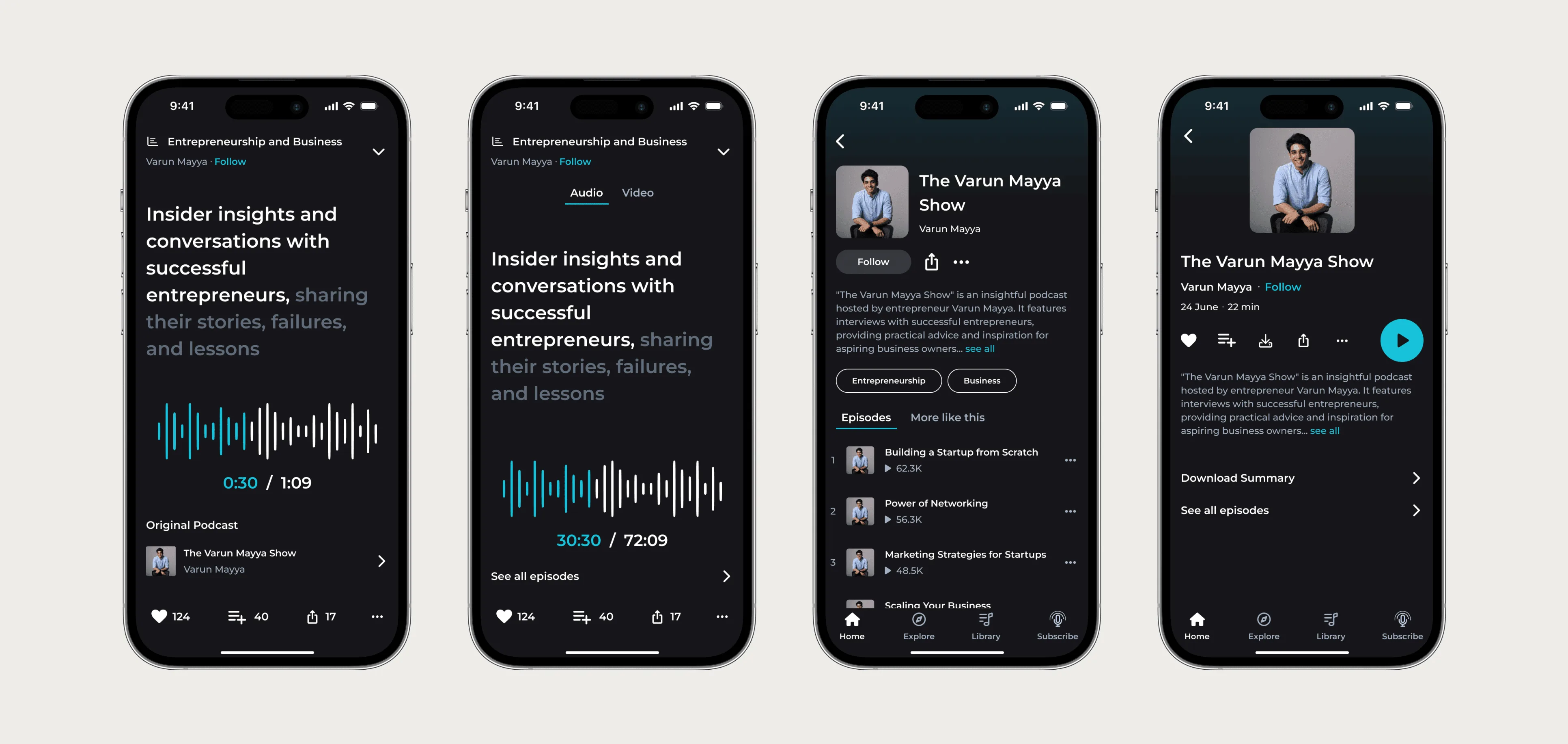 Four SoundSphere listening screens: a text summary with a waveform and short timer, a full episode player, a show page with an episode list, and an episode detail with Download Summary