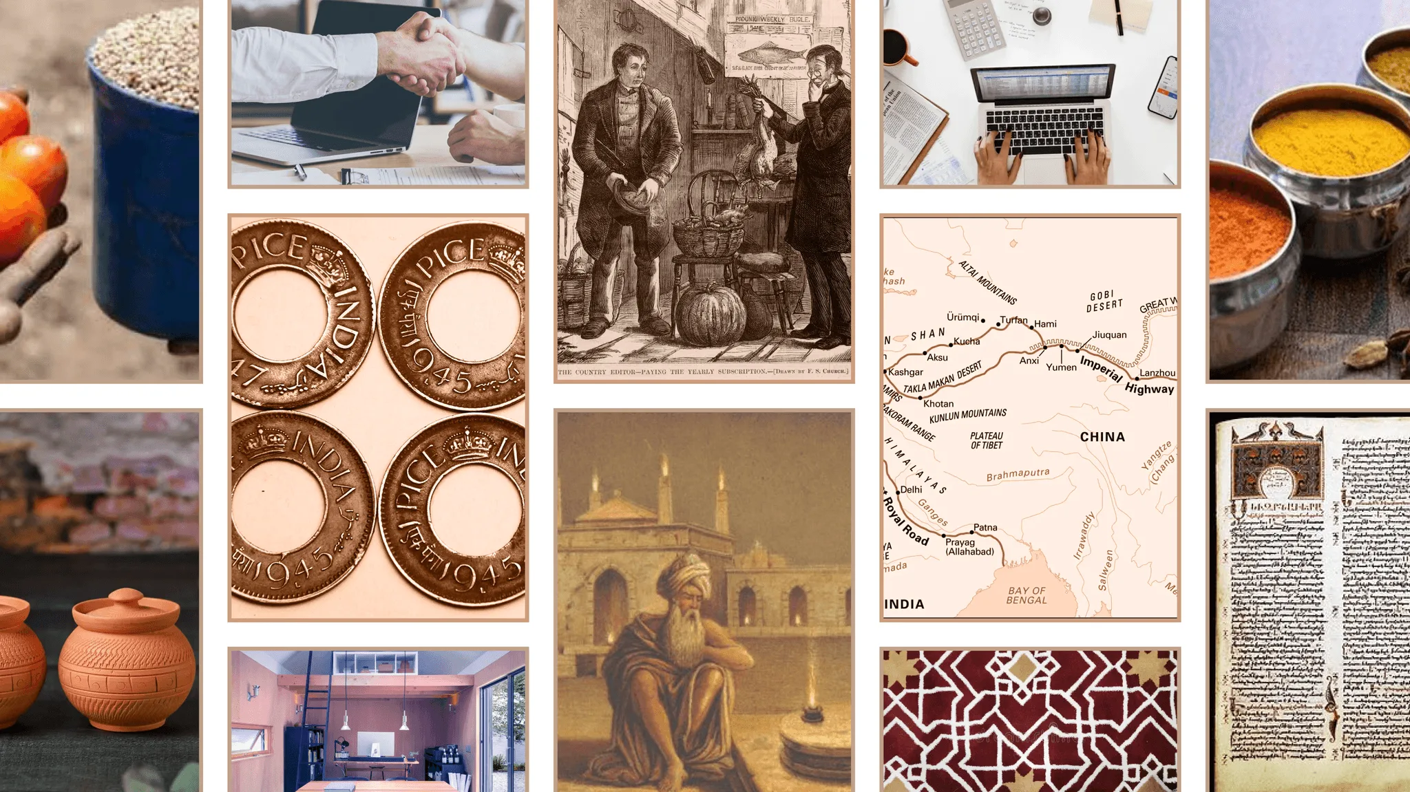 Moodboard collage of Indian cultural references: old coins, spice bowls, clay pots, vintage engravings, a trade-route map, a manuscript page and a geometric tile pattern