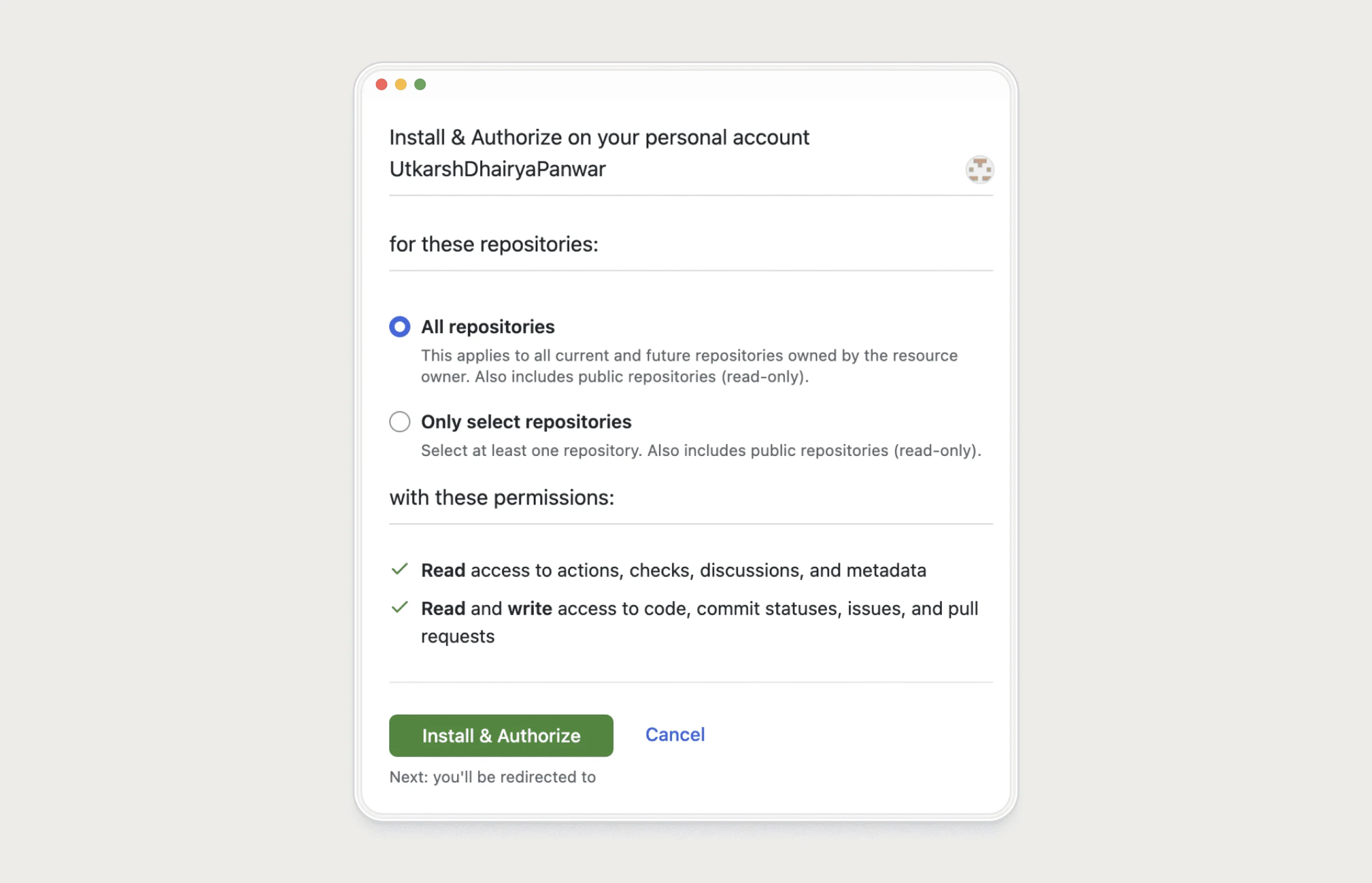 GitHub-style Install & Authorize dialog with options for all or selected repositories, a list of read and write permissions and a green Install & Authorize button