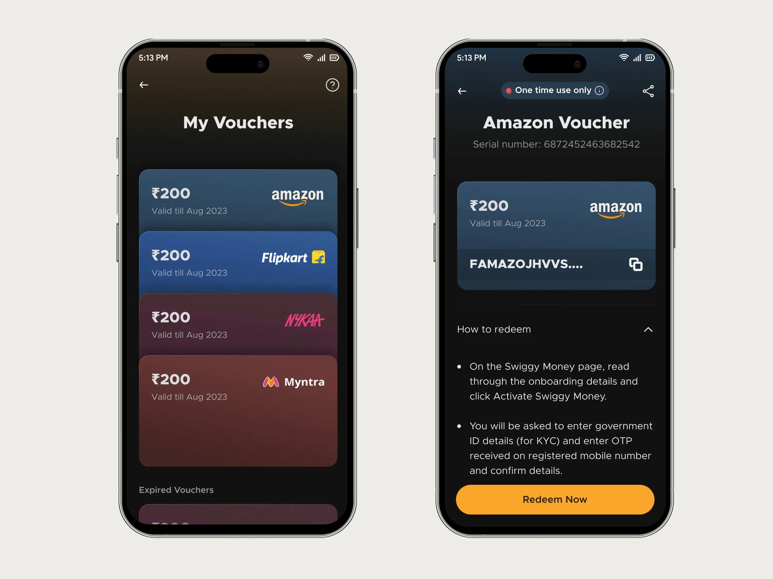 Two FamPay screens: a My Vouchers list of Amazon, Flipkart, Nykaa and Myntra vouchers, and an Amazon voucher detail with the One time use only pill above Redeem Now