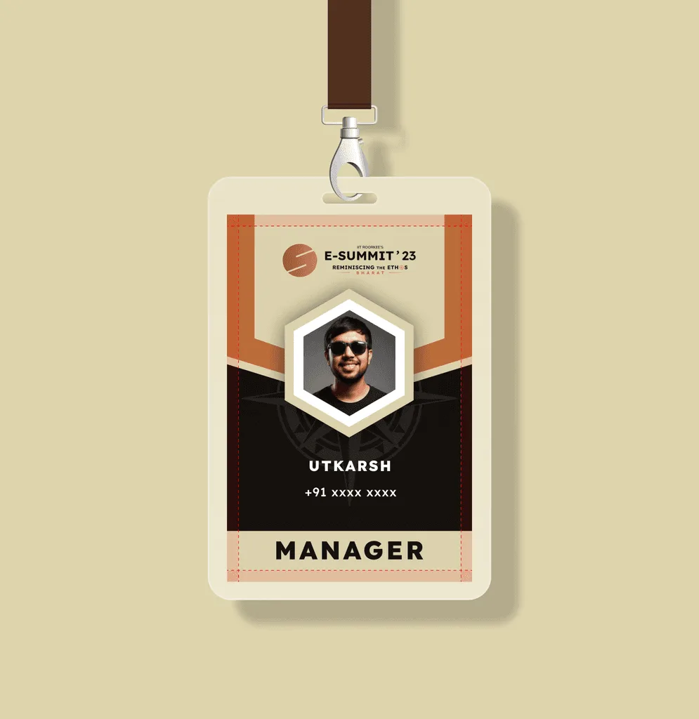 E-Summit '23 Manager ID card on a lanyard with red dashed bleed and trim guides overlaid for print
