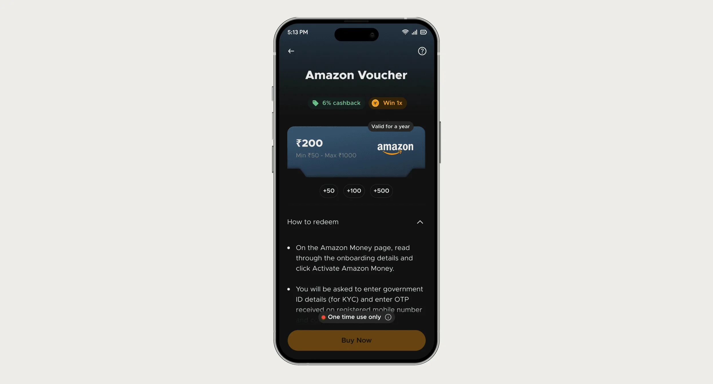 FamPay ₹200 Amazon voucher purchase screen in a phone frame with a 'One time use only' pill directly above the Buy Now button