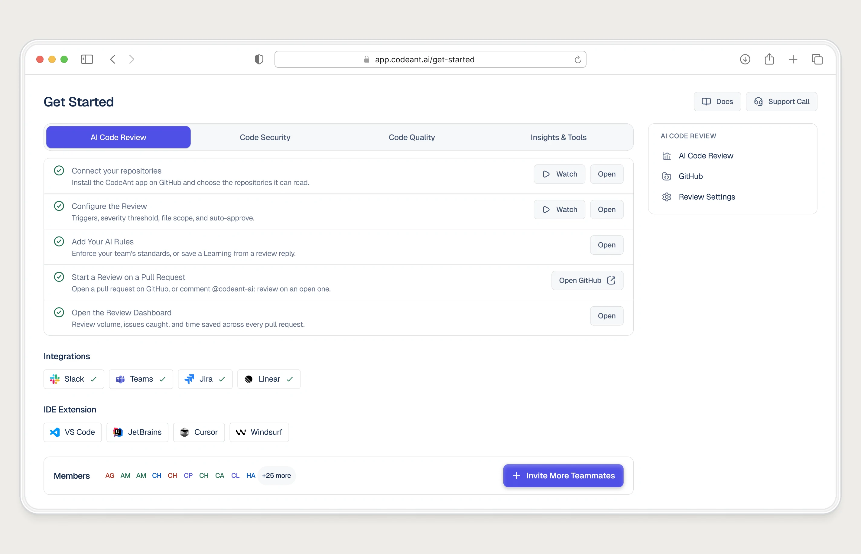 CodeAnt Get Started page with tabs for AI Code Review, Code Security, Code Quality and Insights, five completed setup steps, integrations, IDE extensions and Invite More Teammates