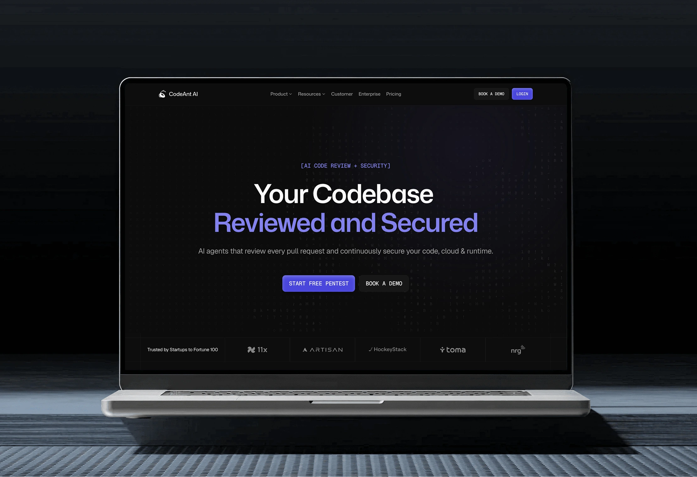 CodeAnt AI website hero reading 'Your Codebase Reviewed and Secured' with Start Free Pentest and Book a Demo buttons and a row of customer logos, on a laptop