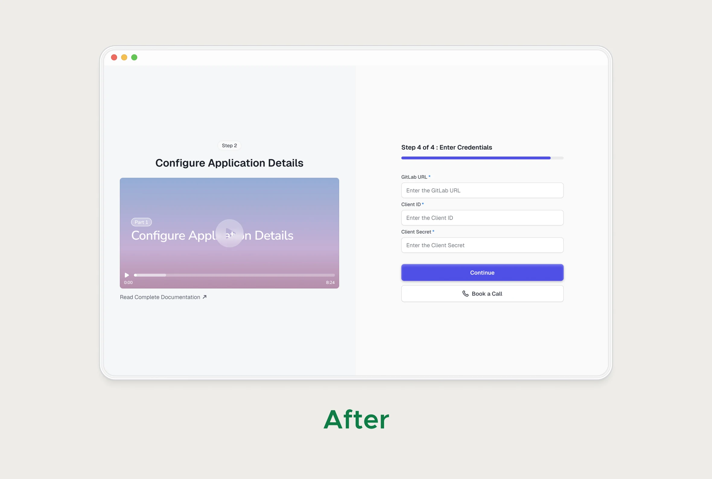 After: redesigned CodeAnt self-hosted setup screen with a Configure Application Details video on the left and a GitLab URL, Client ID and Client Secret form on the right