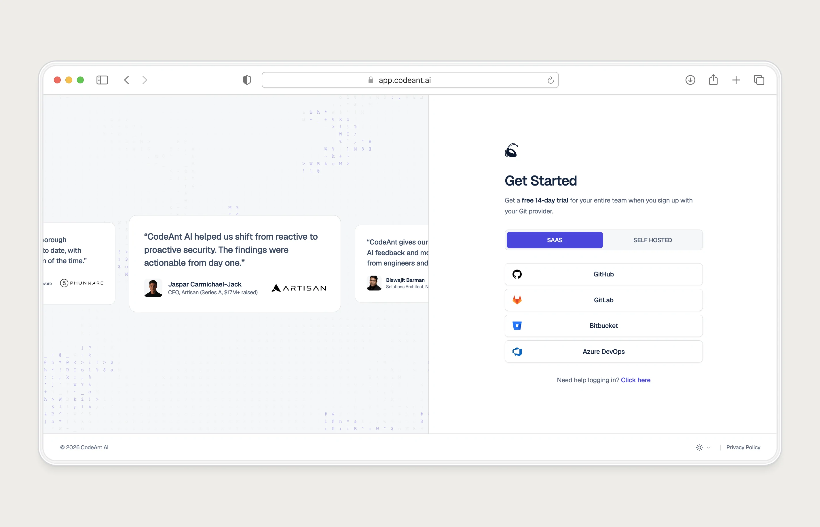 CodeAnt Get Started sign-in page with a 14-day trial note, a SaaS or Self Hosted toggle, GitHub, GitLab, Bitbucket and Azure DevOps buttons and a testimonial carousel
