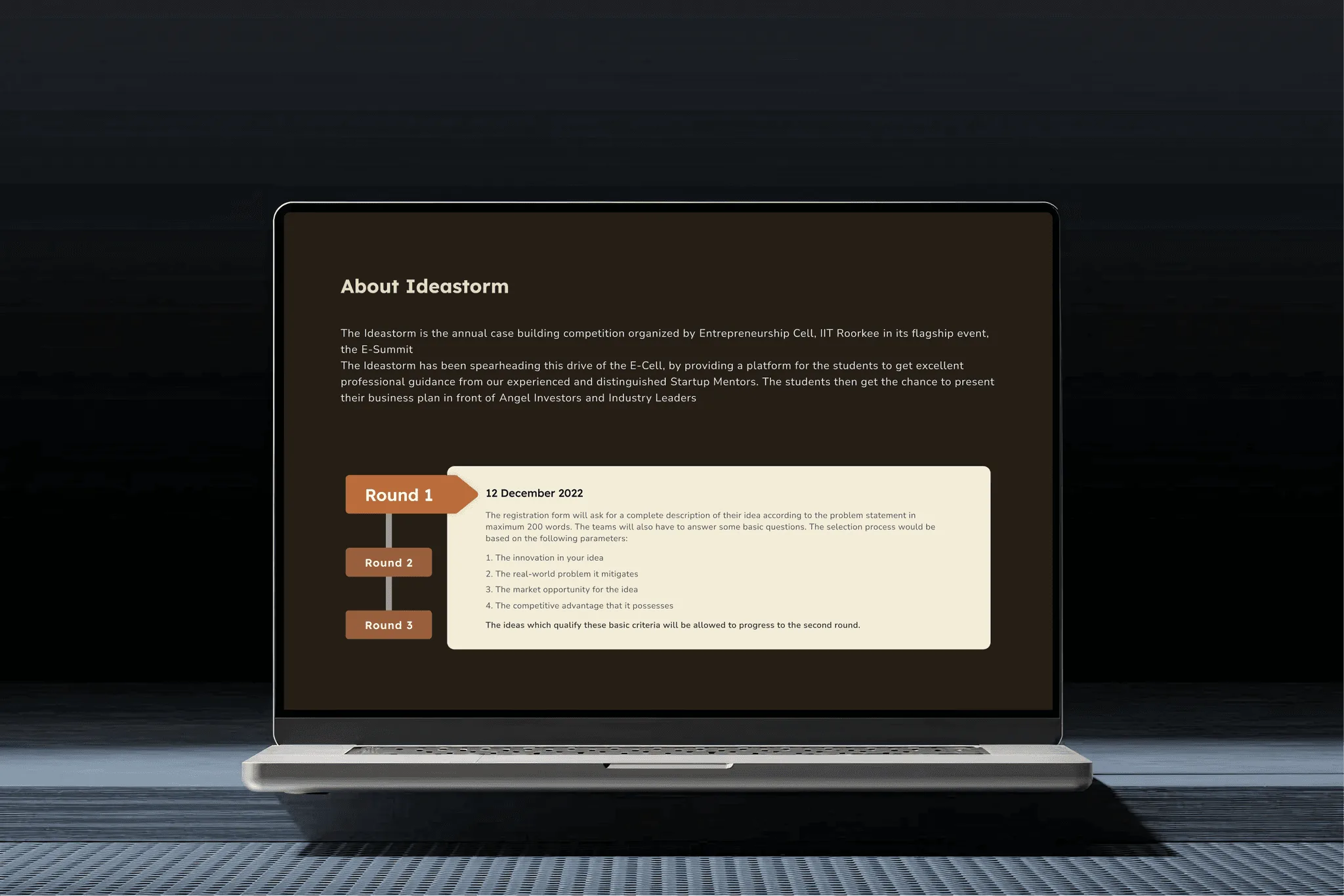 E-Summit website About Ideastorm page on a laptop, with description text and a timeline card for rounds one to three