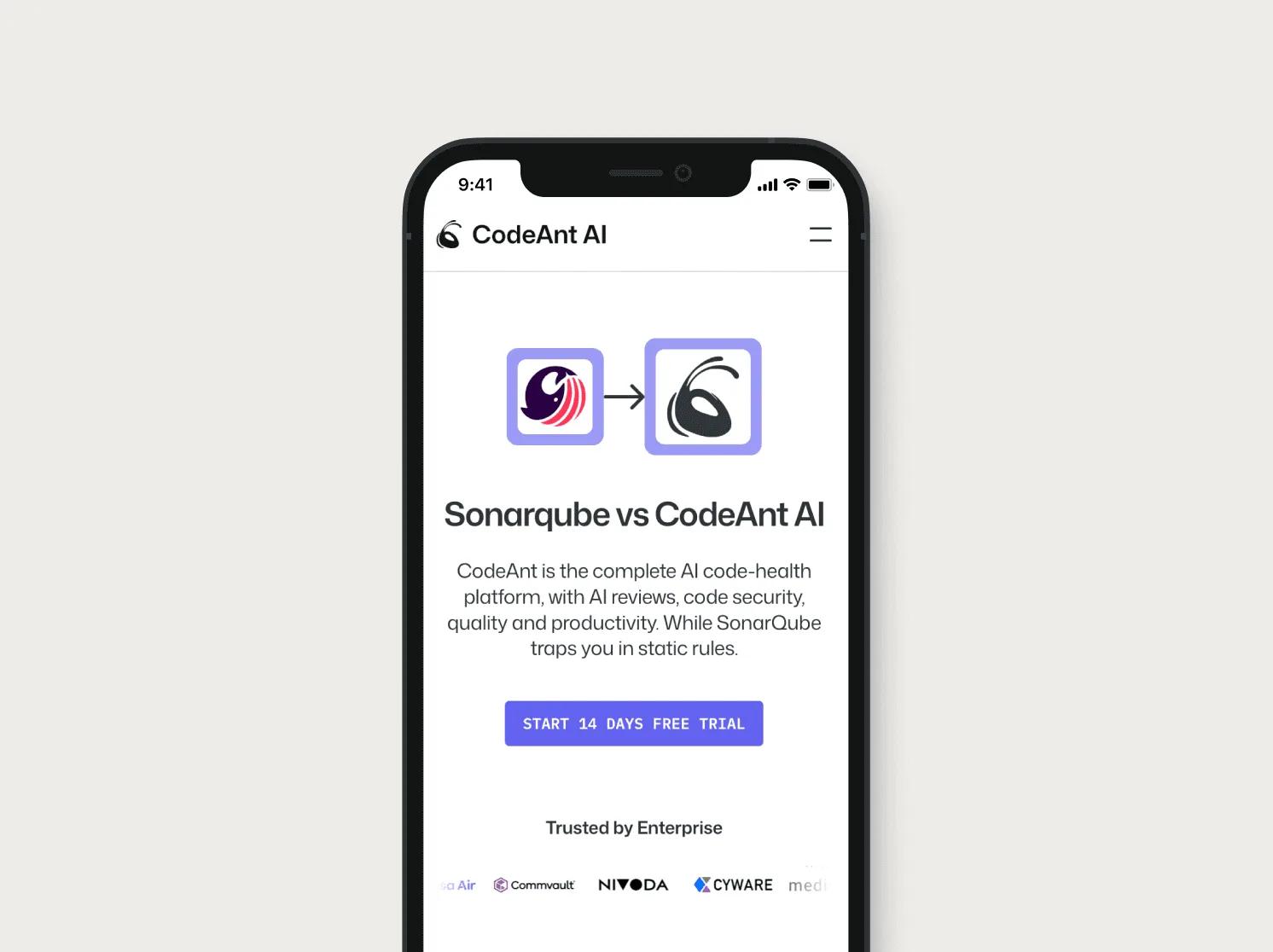 CodeAnt mobile web page titled Sonarqube vs CodeAnt AI with both logos, a Start 14 Days Free Trial button and enterprise customer logos, in an iPhone frame