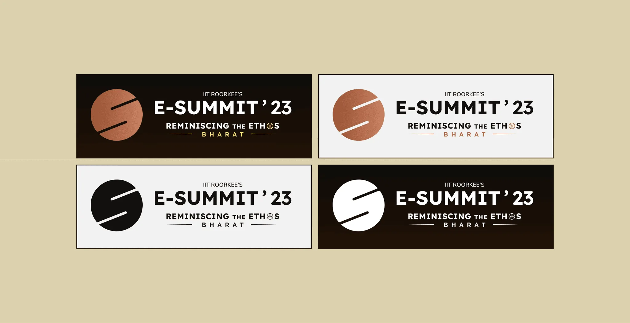 Four E-Summit '23 logo colour variants in a 2×2 grid: copper on dark, copper on light, black on light and white on dark
