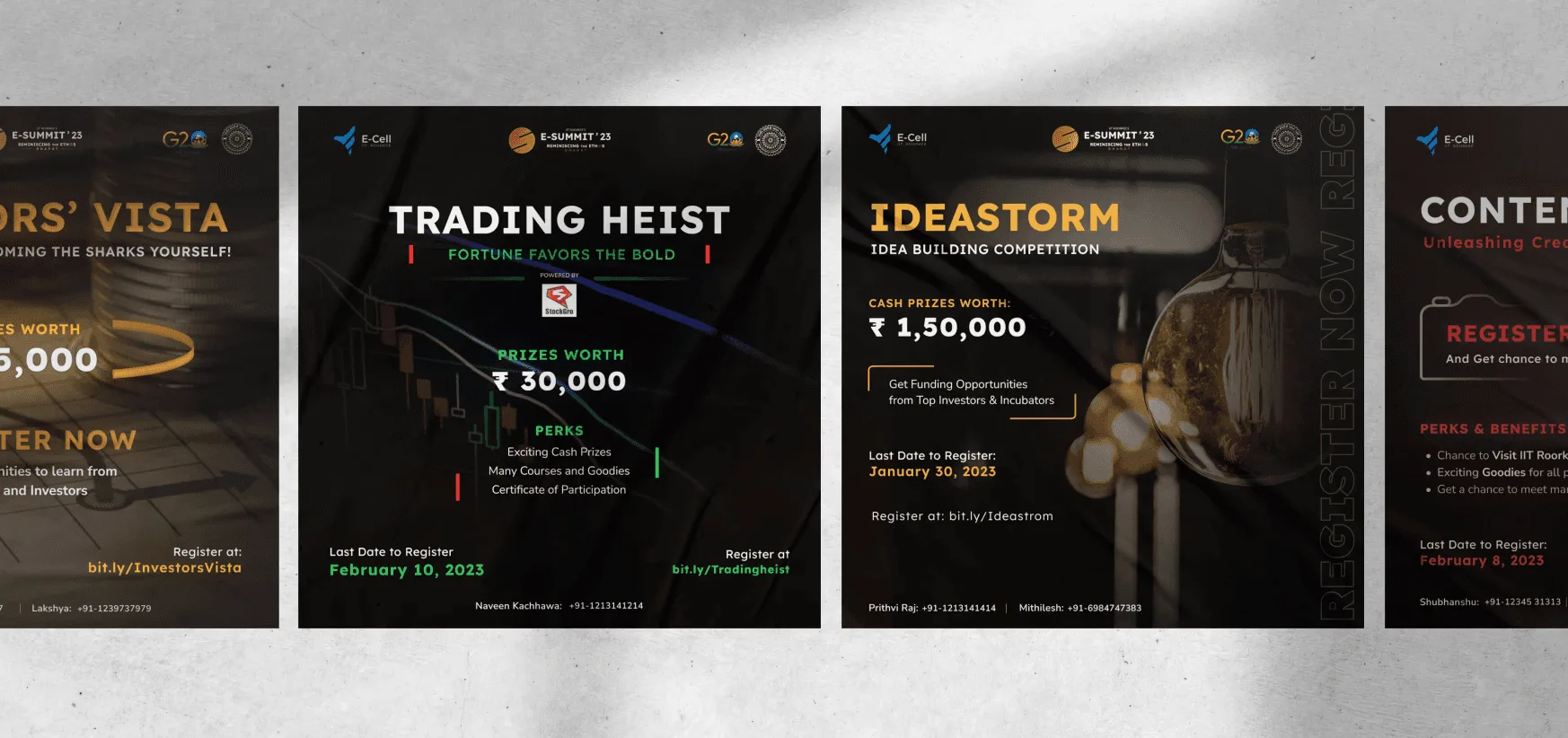Row of dark E-Summit '23 event posters on a grey wall: Investors' Vista, Trading Heist and Ideastorm, each with its date and prize money