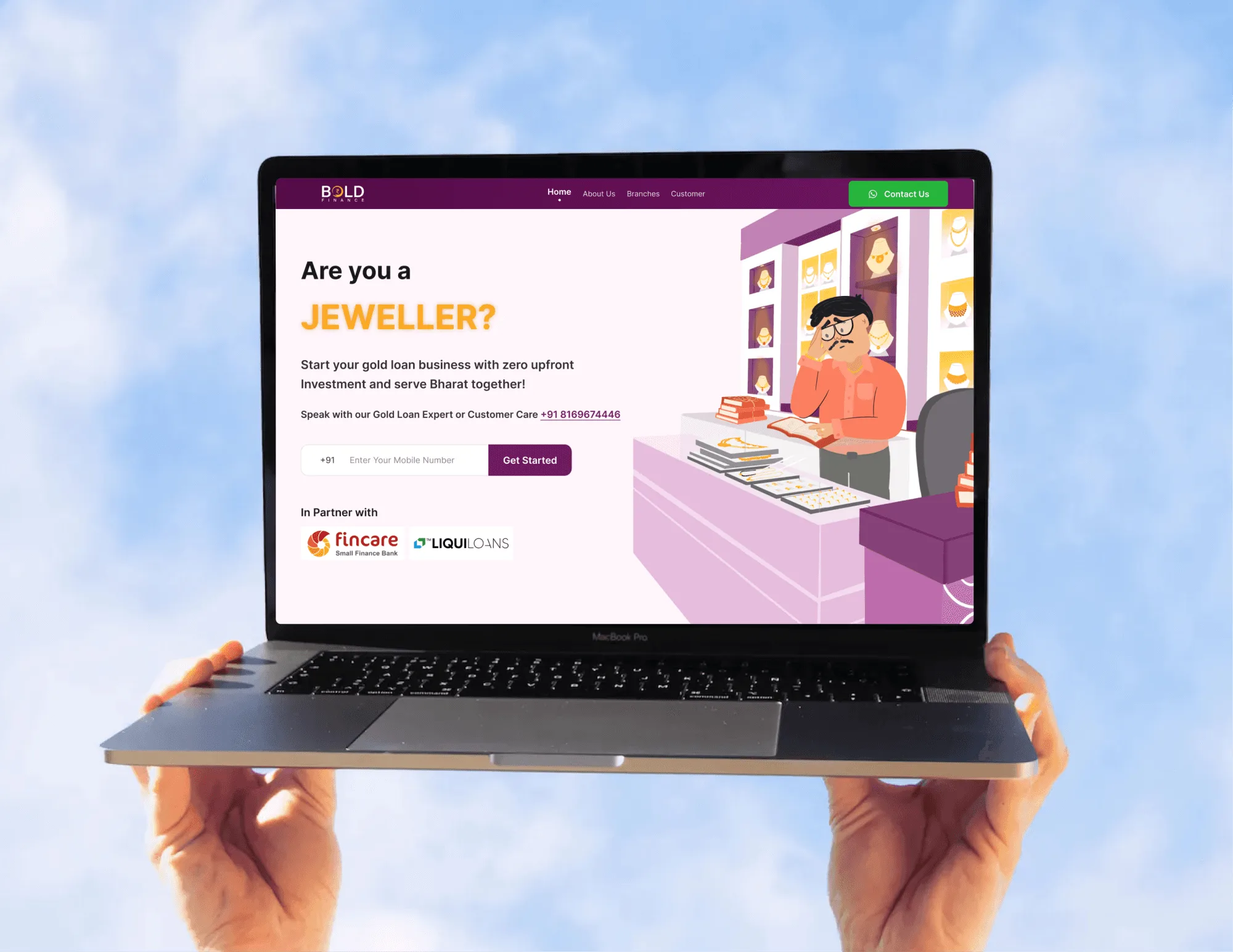 Bold Finance website landing page asking Are you a Jeweller? with a mobile-number field, a Get Started button and an illustrated jeweller, shown on a laptop