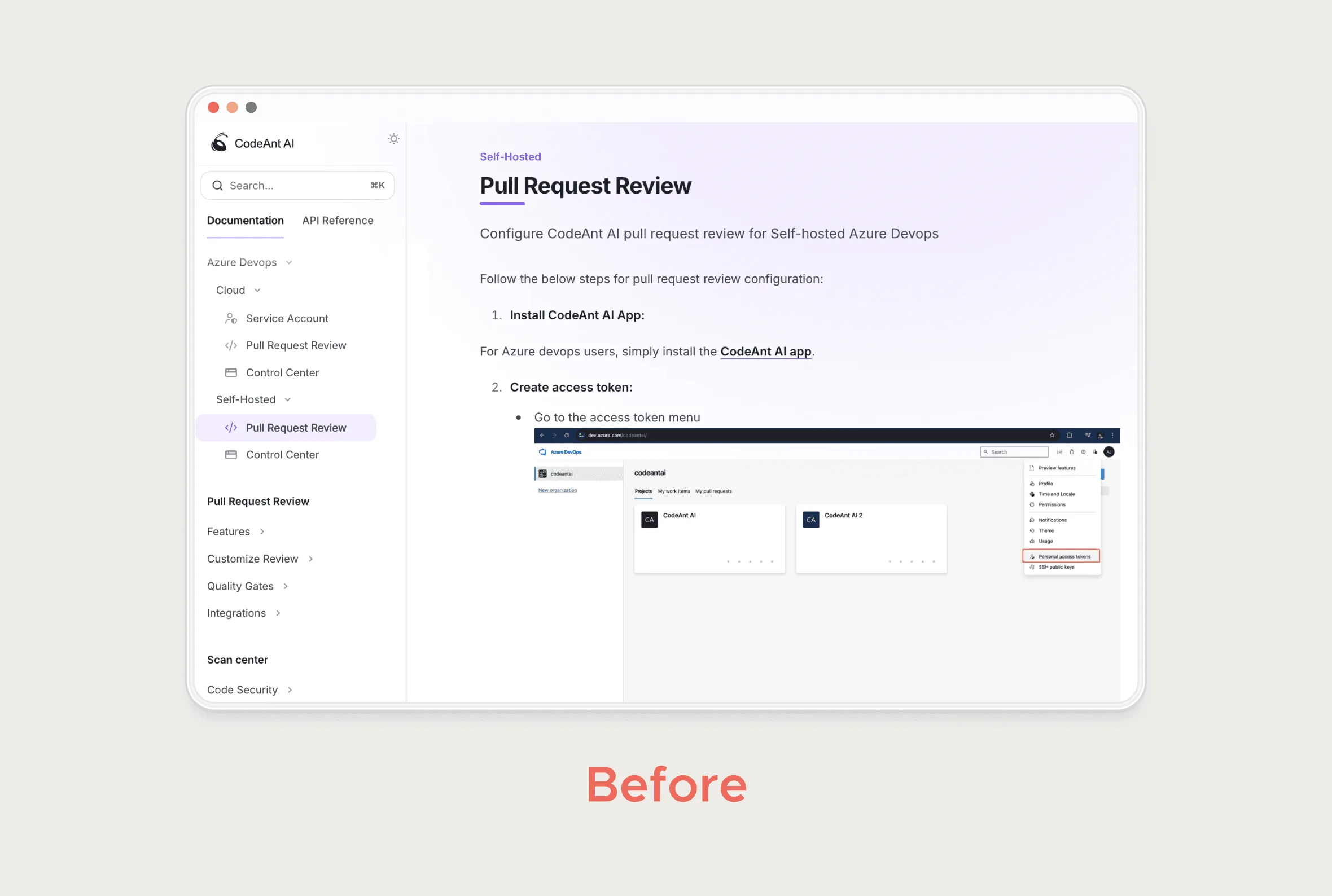 Before: CodeAnt docs page for self-hosted Azure DevOps pull request review, with sidebar navigation, numbered setup steps and an embedded Azure screenshot