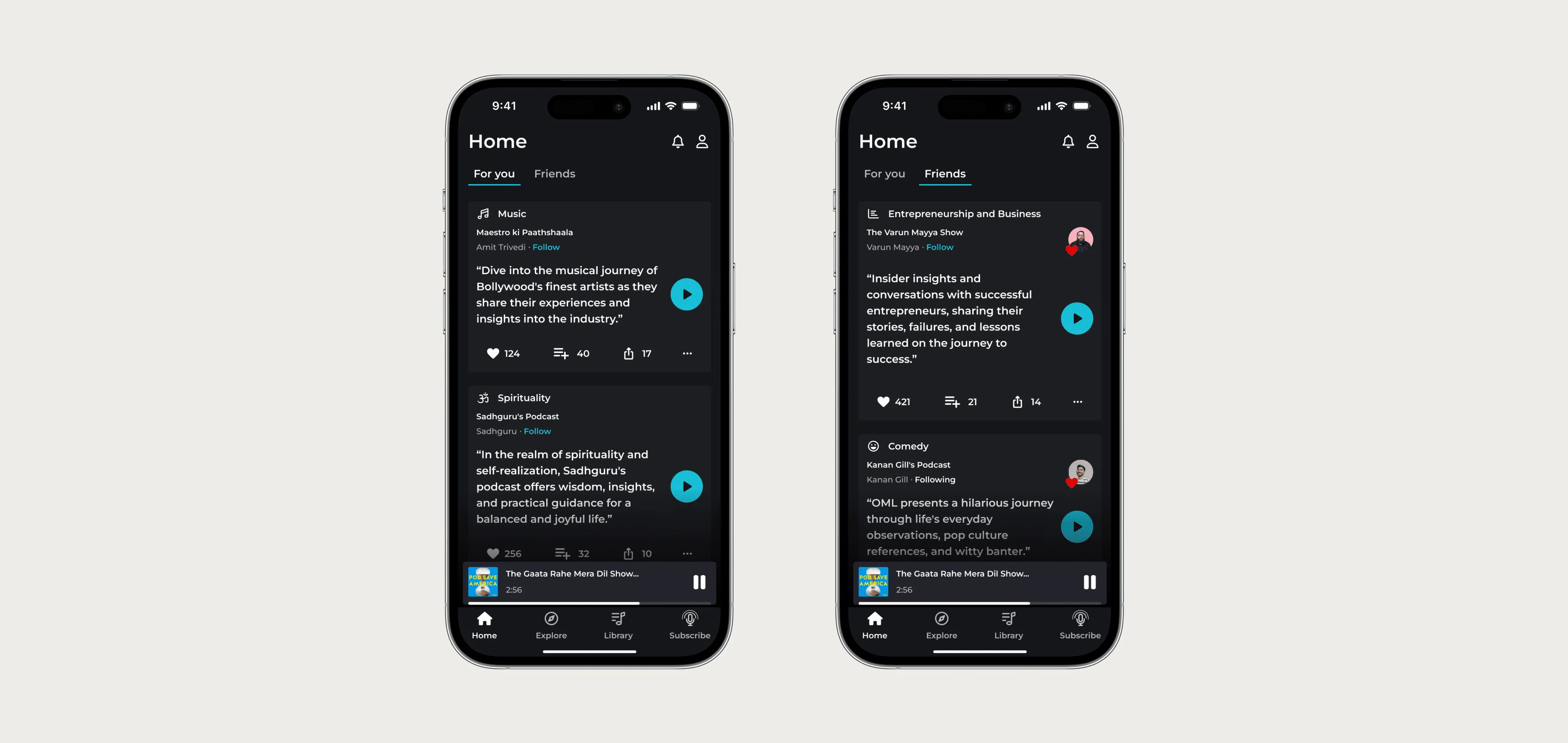 Two SoundSphere home feed screens with For you and Friends tabs, podcast quote cards with category labels, like, queue and share counts, and a mini player