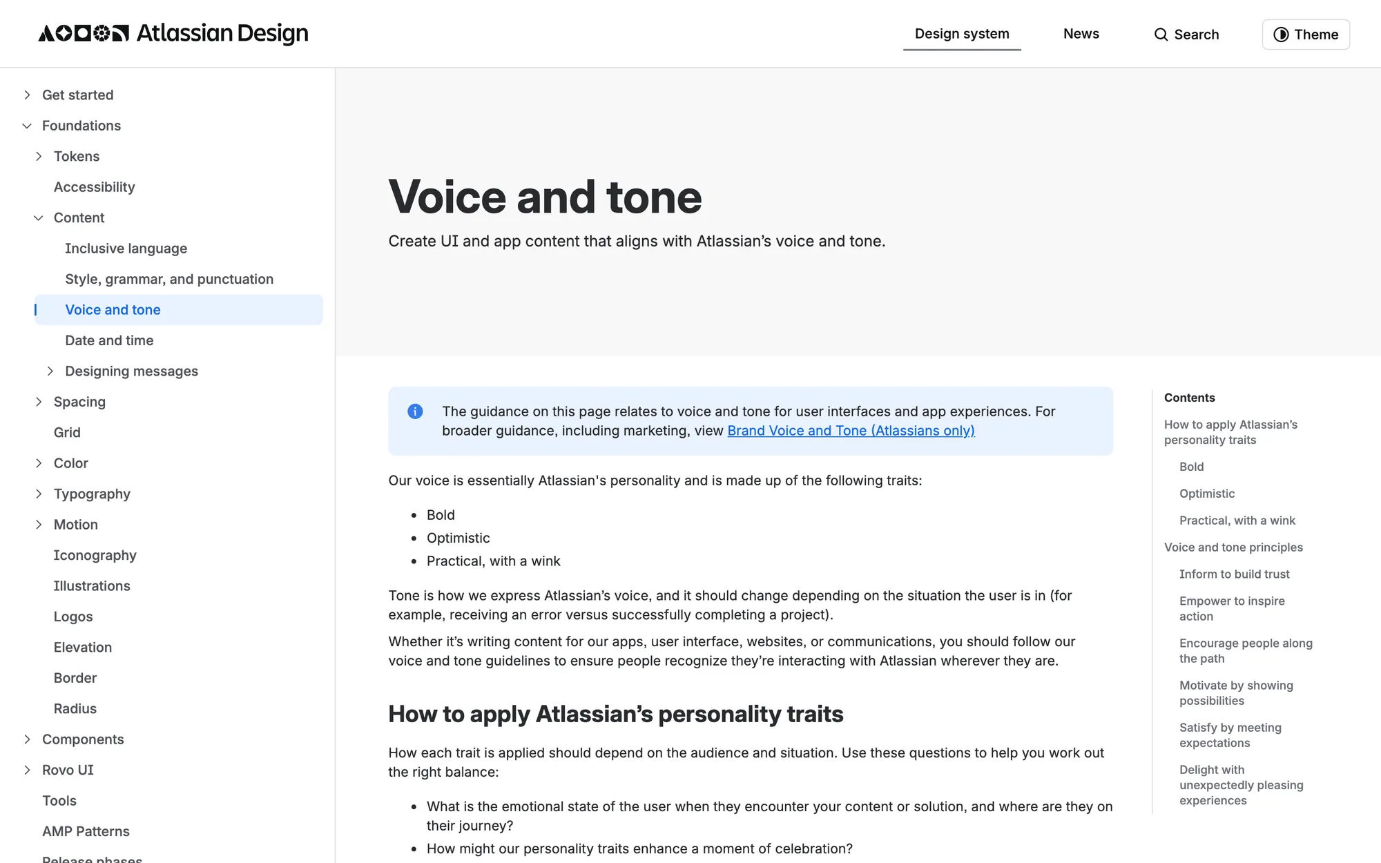 Atlassian Design System Voice and tone page listing the traits Bold, Optimistic and Practical, with a wink, and a contents list of tone principles