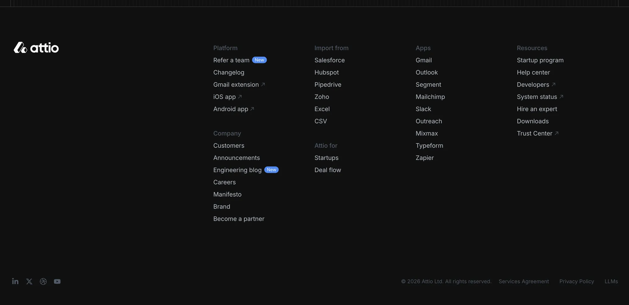 Attio's homepage footer with an Import from column listing Salesforce, Hubspot, Pipedrive, Zoho, Excel and CSV