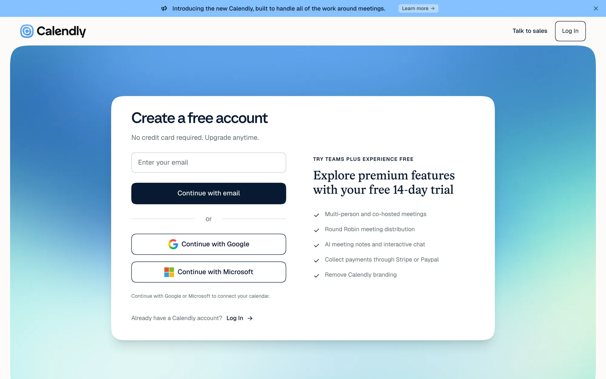 Calendly Create a free account page with No credit card required, email, Google and Microsoft buttons, and a note that Google or Microsoft connects your calendar