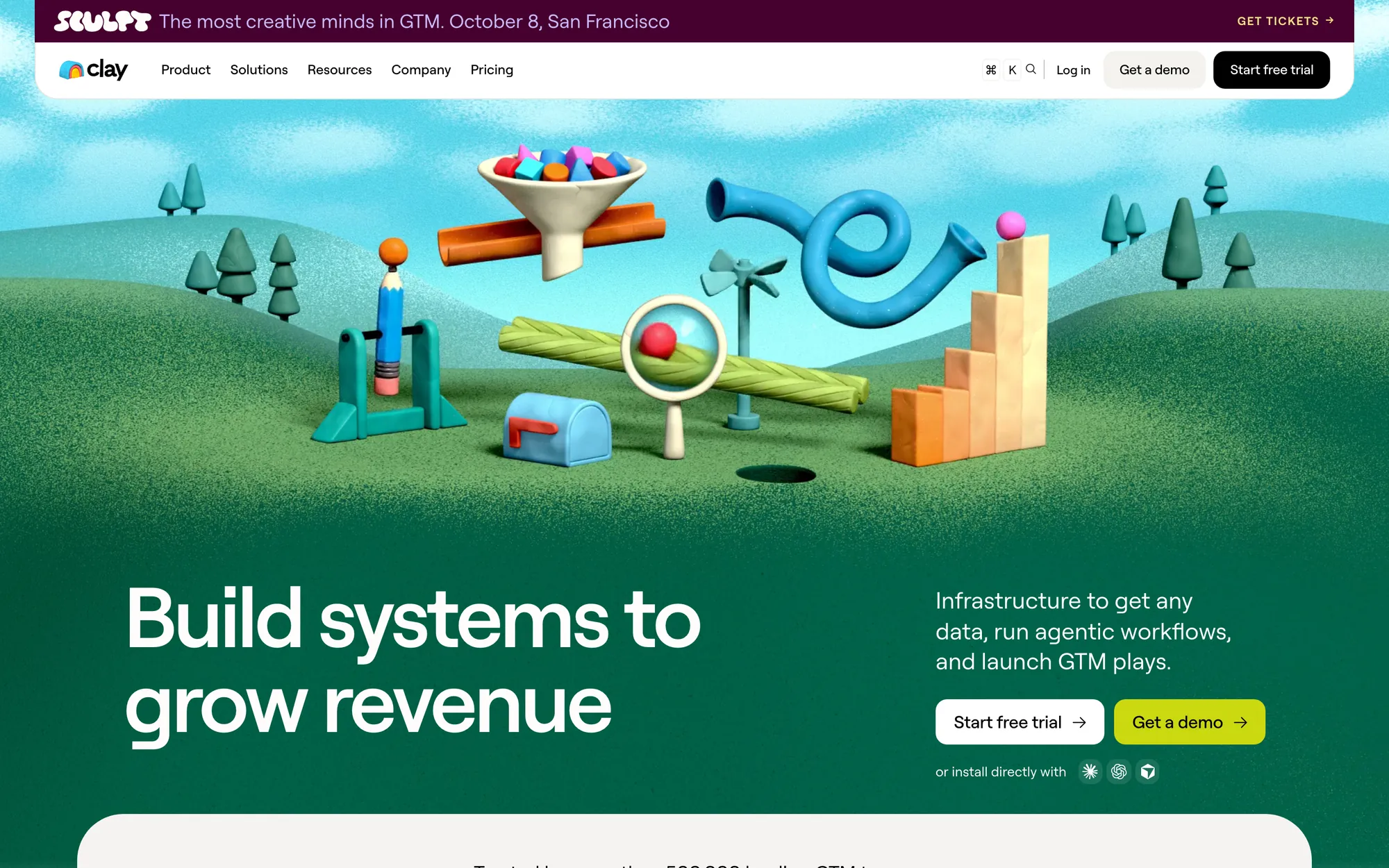 Clay homepage with the headline Build systems to grow revenue and Start free trial and Get a demo buttons side by side, repeated in the header