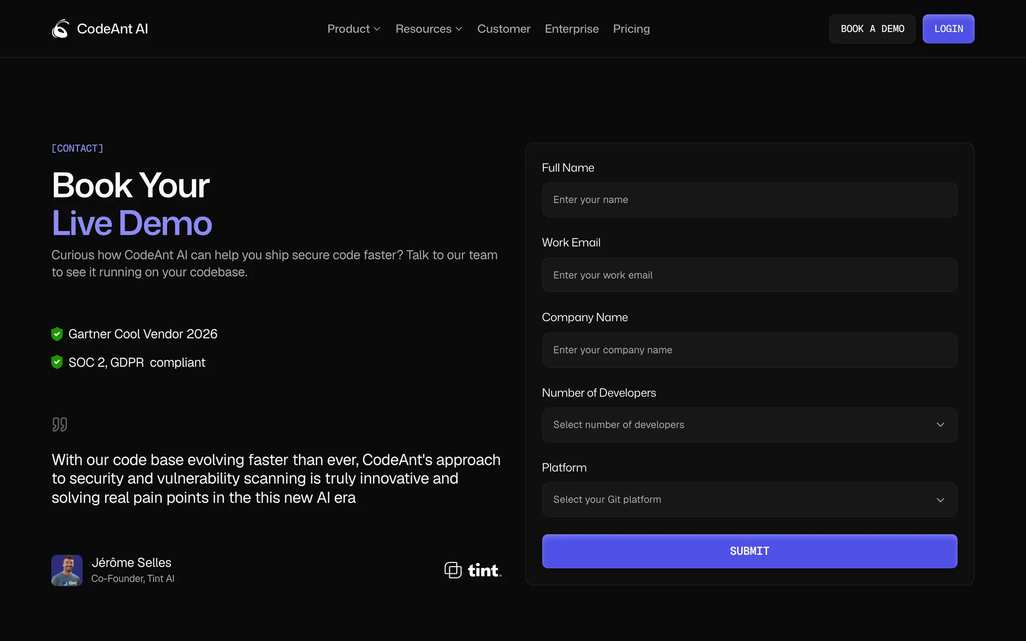 CodeAnt AI Book Your Live Demo page: Gartner Cool Vendor and SOC 2, GDPR badges and a customer quote on the left, a five-field form with Full Name, Work Email, Company Name, Number of Developers and Platform on the right
