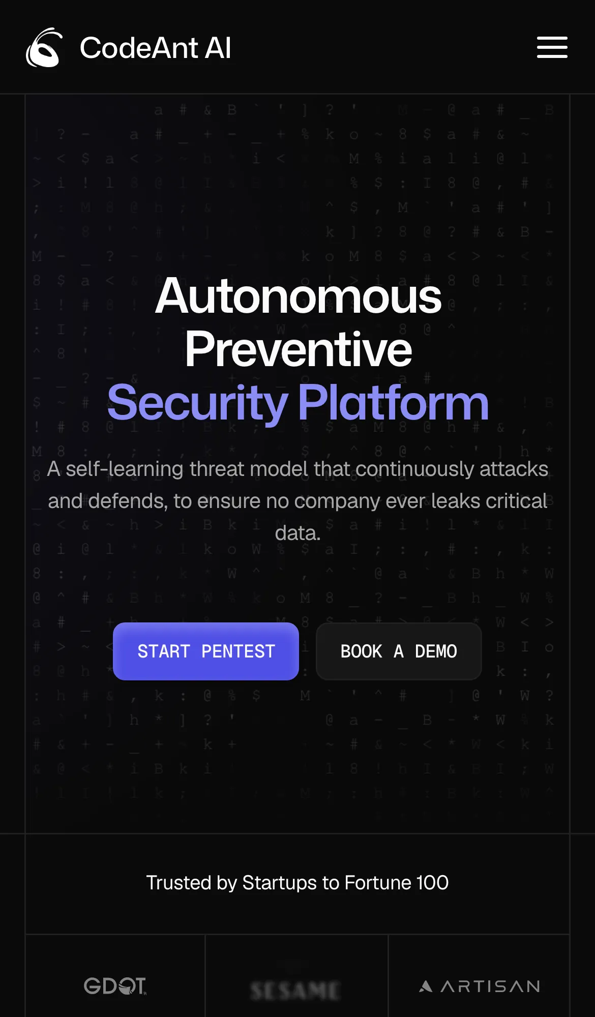 codeant.ai at phone width: the headline Autonomous Preventive Security Platform, Start Pentest and Book a Demo side by side, and a logo grid