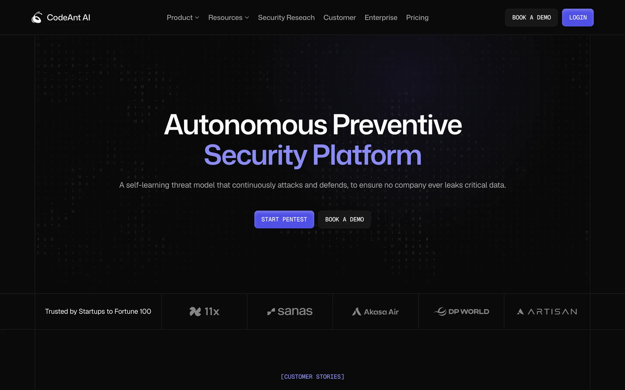 CodeAnt AI homepage first screen on black: Autonomous Preventive Security Platform, Start Pentest and Book a Demo buttons, and a Trusted by Startups to Fortune 100 logo strip