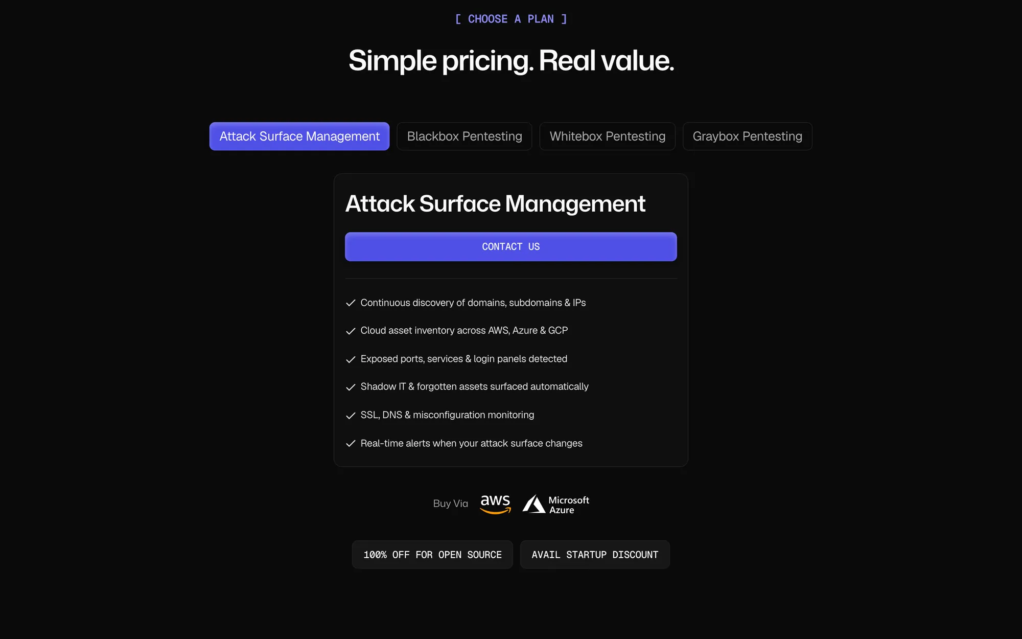 CodeAnt AI pricing section titled Simple pricing. Real value., with product tabs, a Contact Us plan card, and buttons for the open-source offer and the startup discount