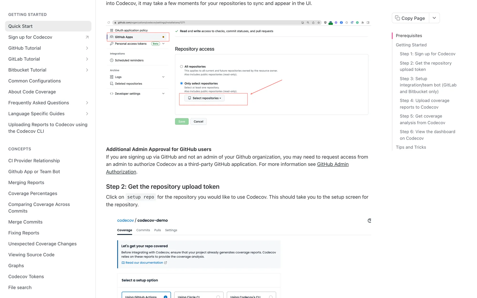Codecov Quick Start section Additional Admin Approval for GitHub users, saying non-admins may need to request access from an admin, with a link to a GitHub Admin Authorization guide