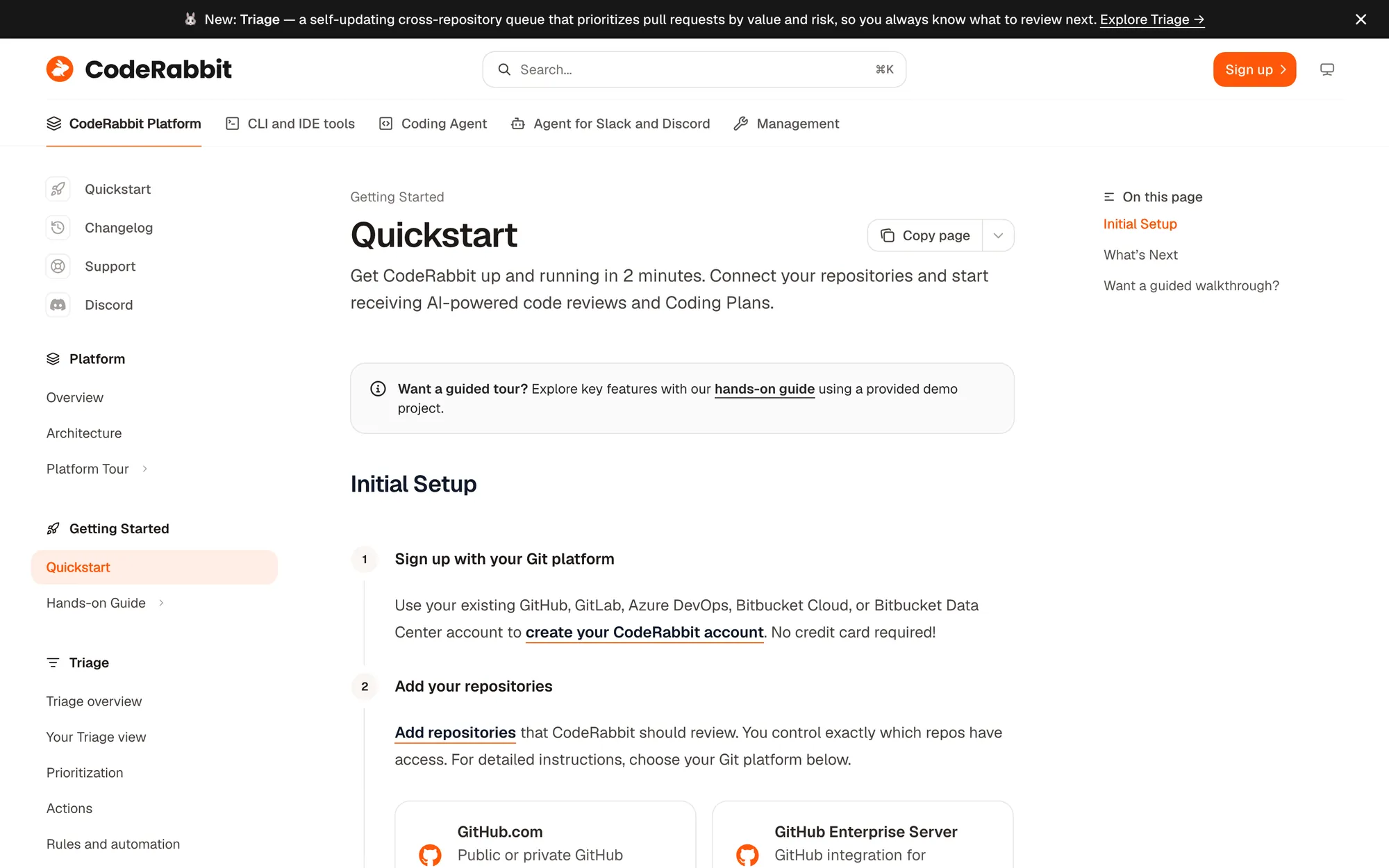 CodeRabbit Docs Quickstart with the line Get CodeRabbit up and running in 2 minutes, step 1 Sign up with your Git platform and step 2 Add your repositories
