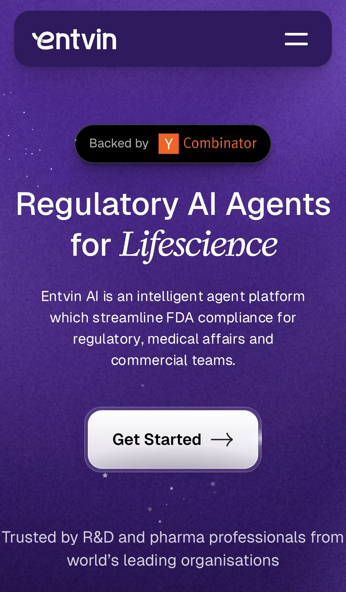 Entvin homepage at phone width with a Backed by Y Combinator badge, the headline Regulatory AI Agents for Lifescience, a Get Started button and customer logos on purple