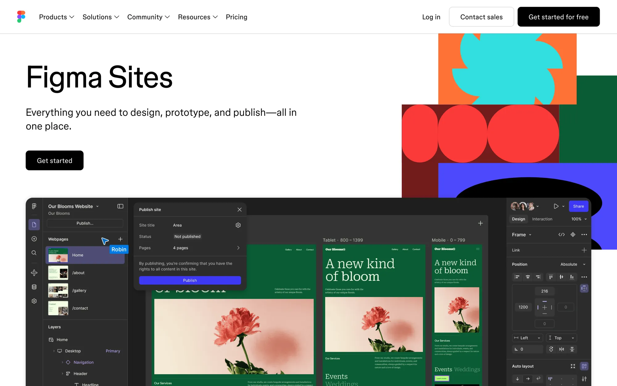 Figma Sites page with Everything you need to design, prototype, and publish, all in one place, a Get started button and the Sites editor showing desktop, tablet and mobile breakpoints