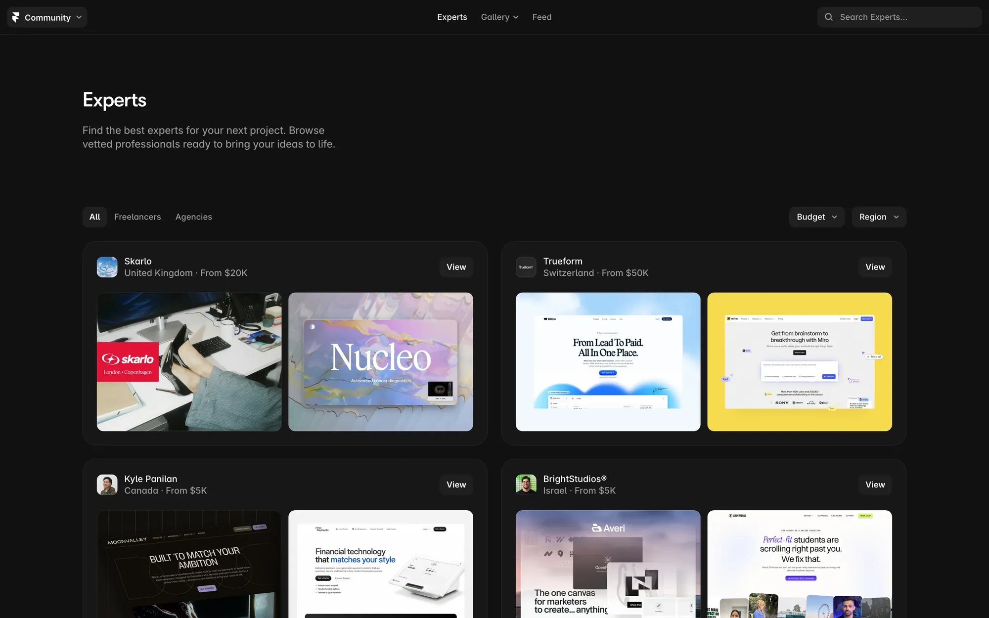 Framer Experts directory with Freelancers and Agencies filters and expert cards showing each studio's location and project minimum