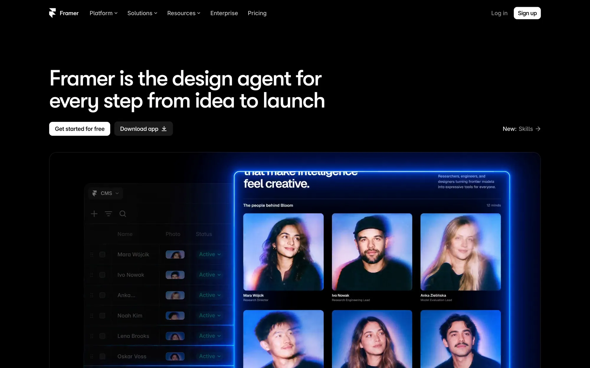 Framer homepage on black with the headline Framer is the design agent for every step from idea to launch and Get started for free and Download app buttons