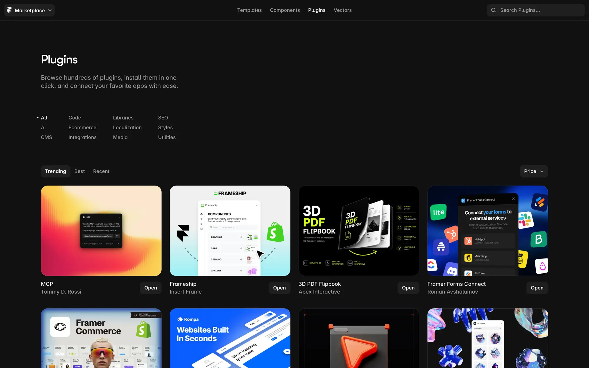 Framer Marketplace Plugins page on black with category filters for Code, Ecommerce, Localization, SEO and CMS, and trending plugin tiles
