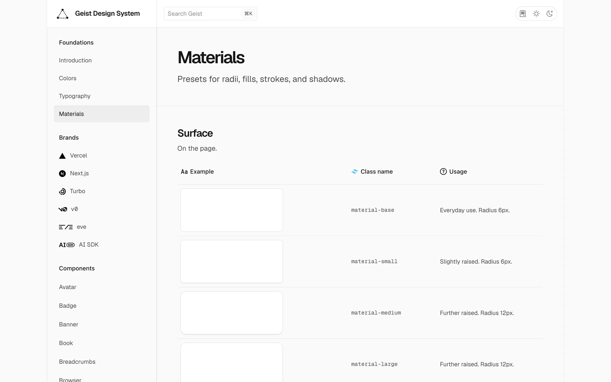 Vercel Geist Materials page, Presets for radii, fills, strokes, and shadows, with a table of material-base, material-small, material-medium and material-large