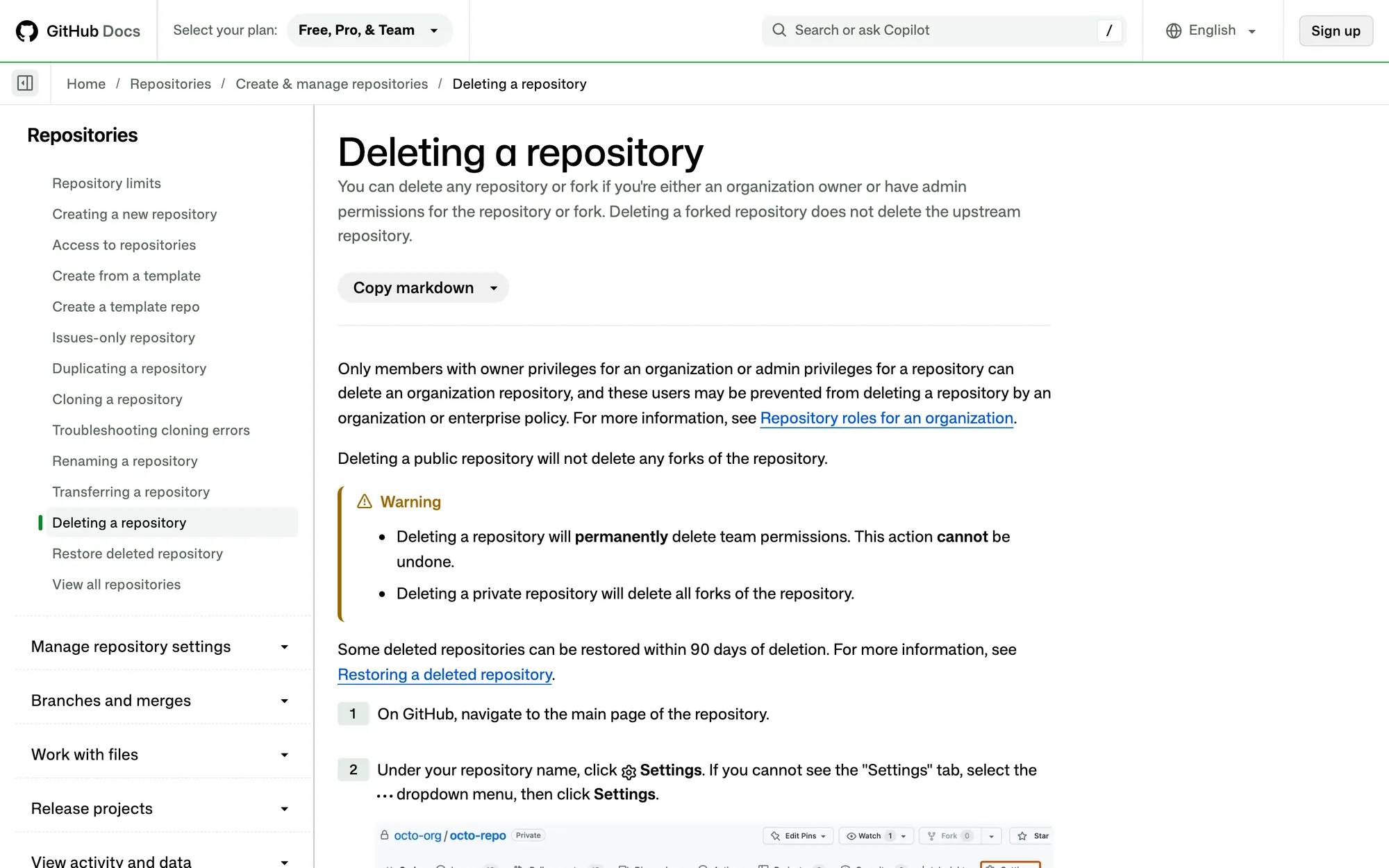 GitHub Docs Deleting a repository page with a warning that deletion cannot be undone and numbered steps starting from the repository's Settings