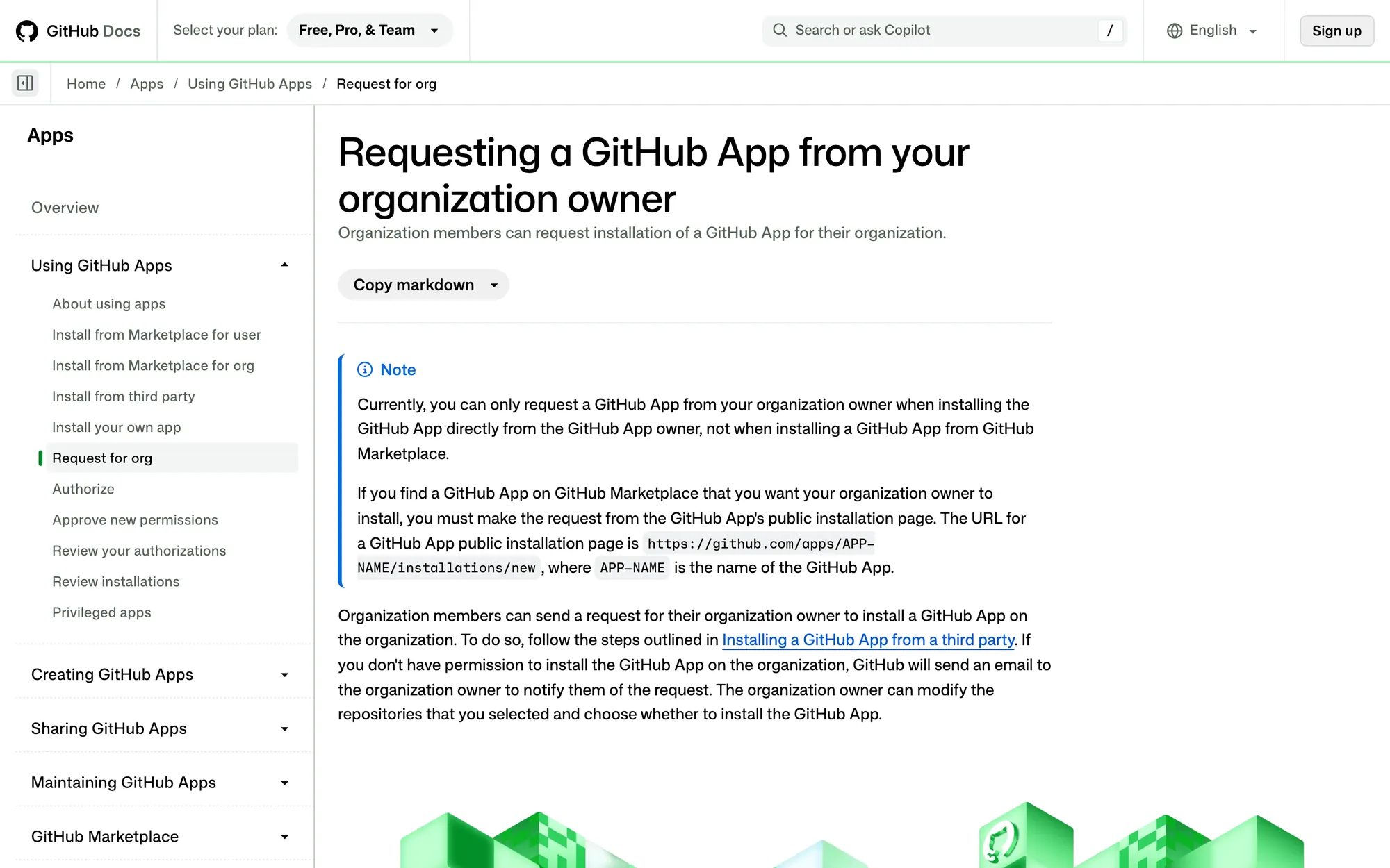 GitHub Docs page Requesting a GitHub App from your organization owner, explaining that GitHub emails the owner when a member without permission installs an app