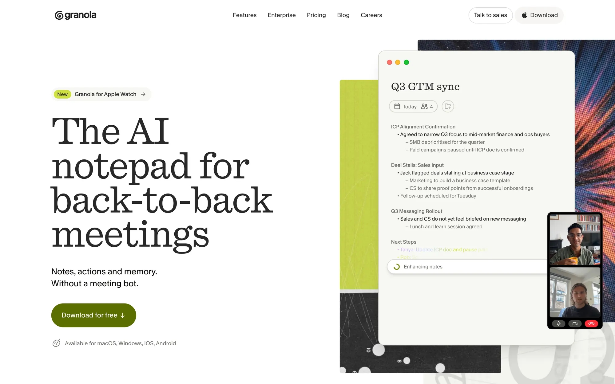 Granola homepage with the headline The AI notepad for back-to-back meetings, the line Without a meeting bot, and a Download for free button beside a meeting-notes window