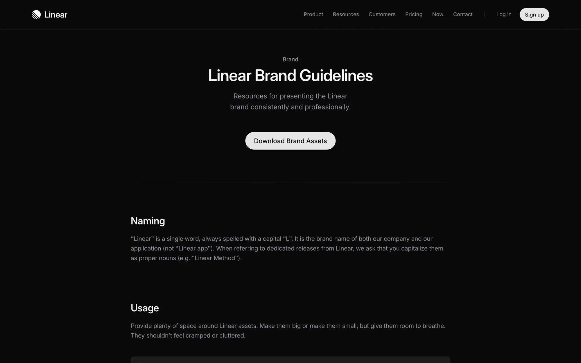 Linear Brand Guidelines page on black with a Download Brand Assets button and short Naming and Usage rules