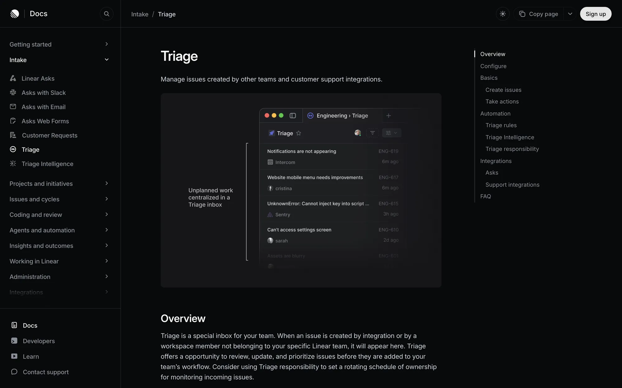 Linear Docs Triage page with an illustration of a Triage inbox holding incoming issues from Intercom, Sentry and teammates
