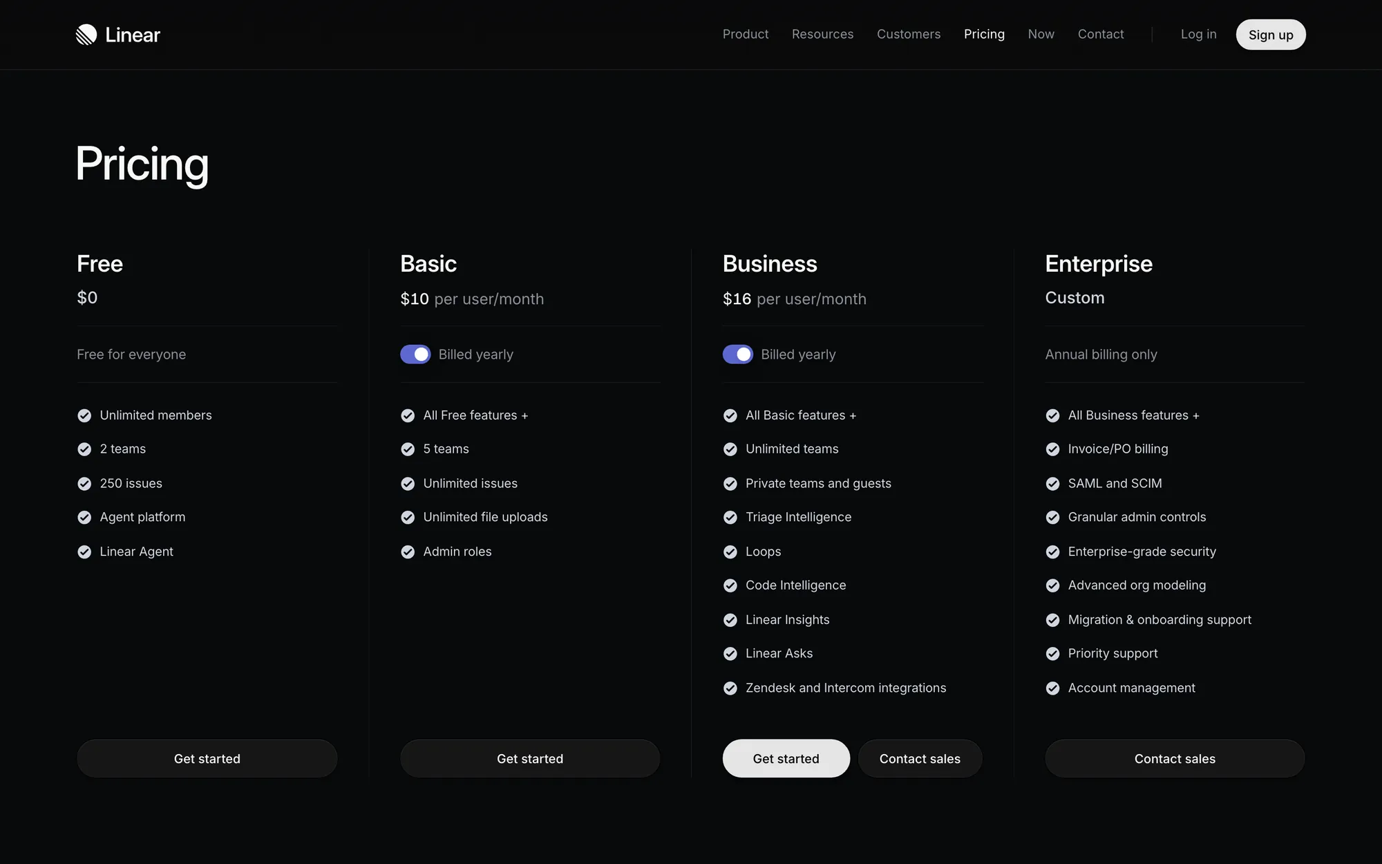 Linear pricing page with Free, Basic, Business and Enterprise columns, Billed yearly toggles, and Get started plus Contact sales on Business