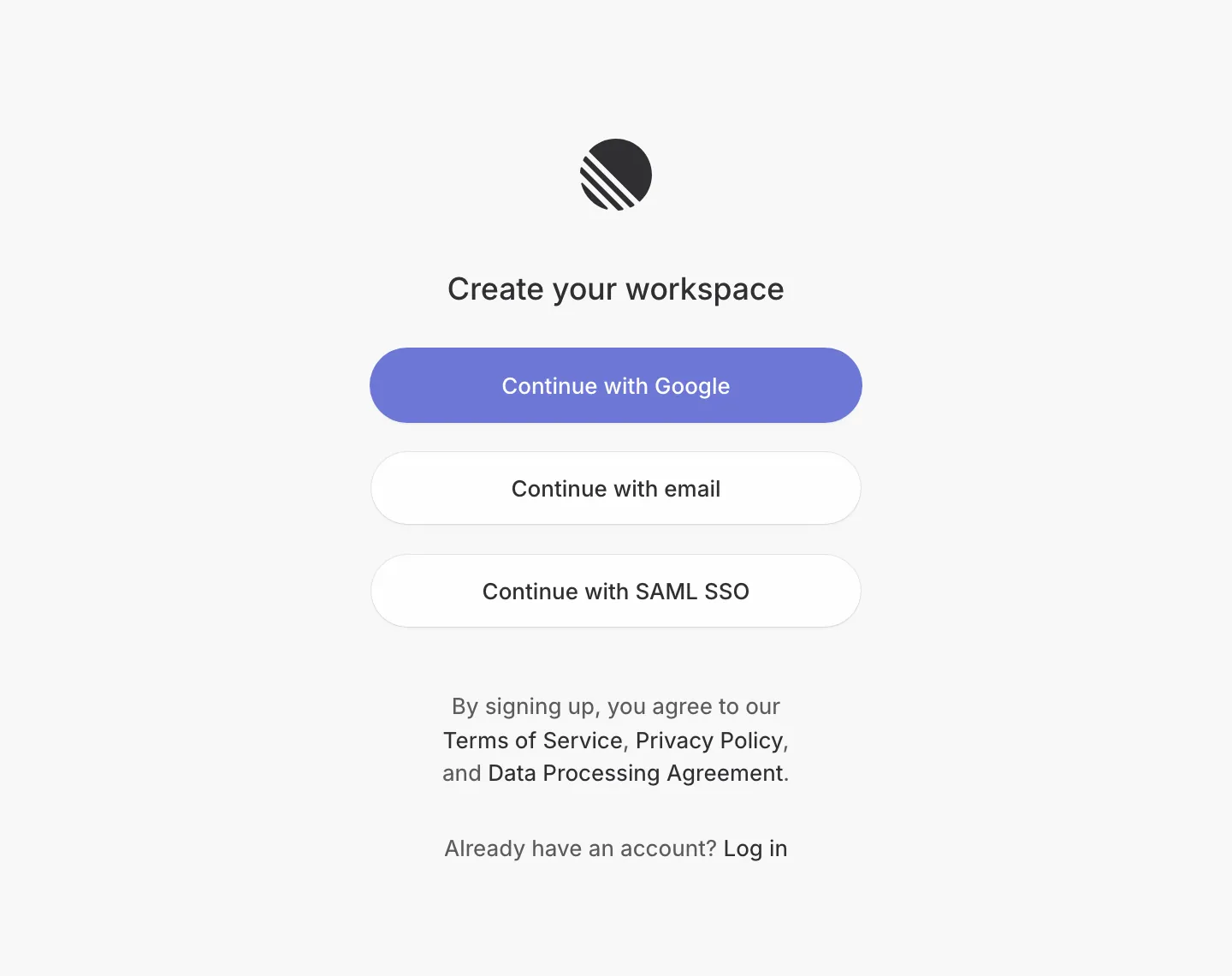 Linear sign-up page titled Create your workspace with Continue with Google, Continue with email and Continue with SAML SSO