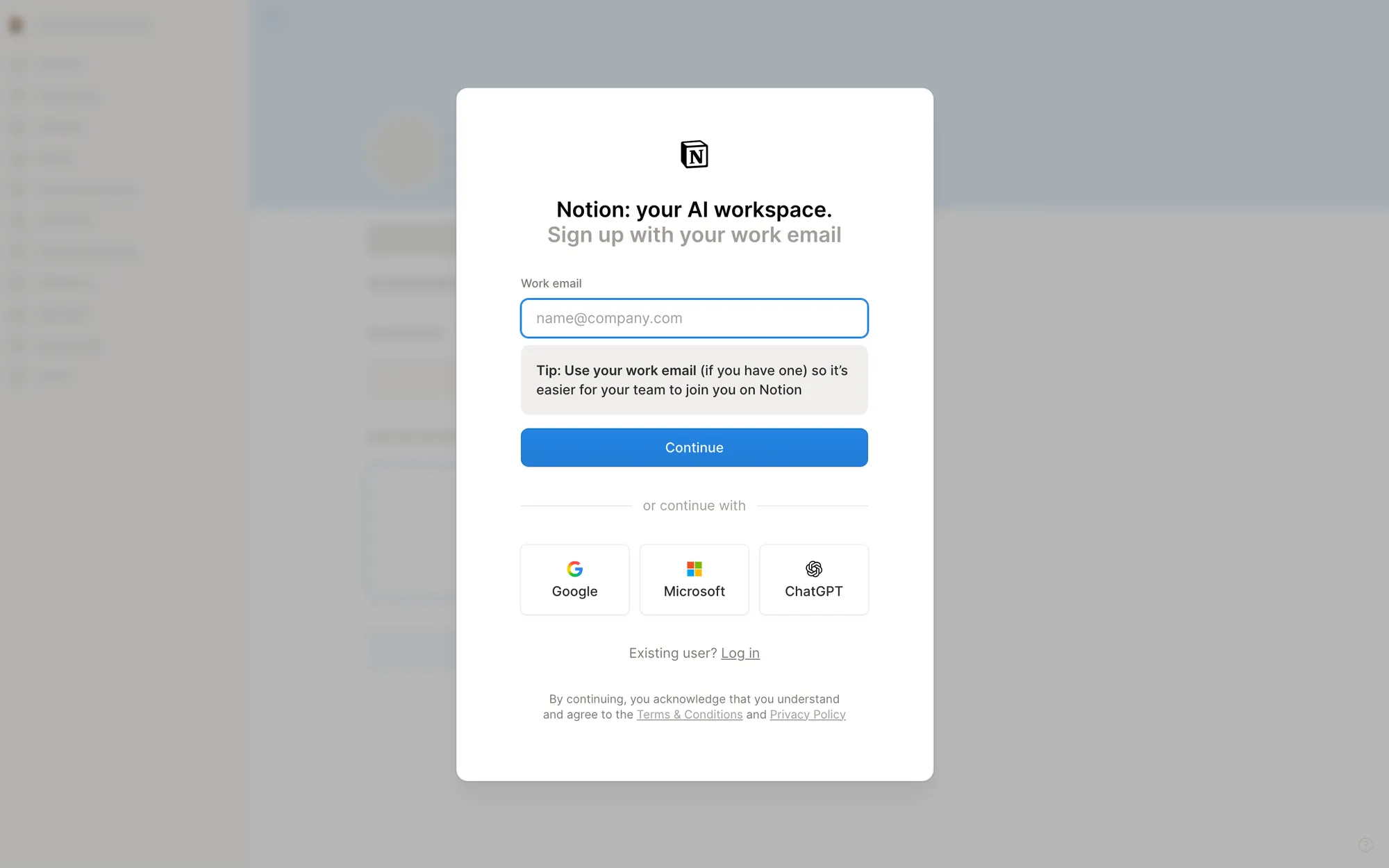 Notion sign-up dialog asking for a work email, with a tip that a work email makes it easier for your team to join, and Google, Microsoft and ChatGPT options