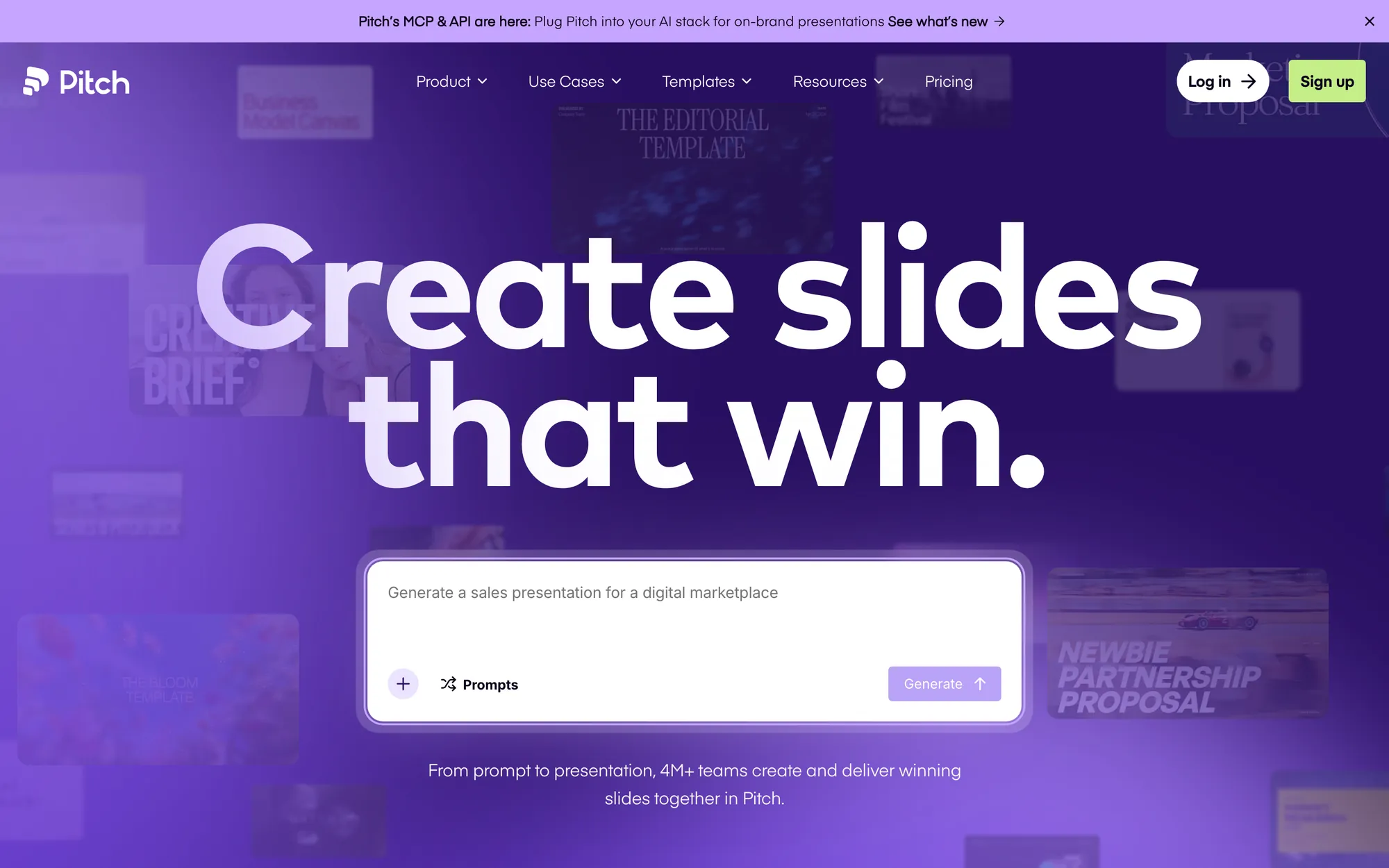 Pitch homepage with the headline Create slides that win. in very large type over purple, a prompt box and a Generate button