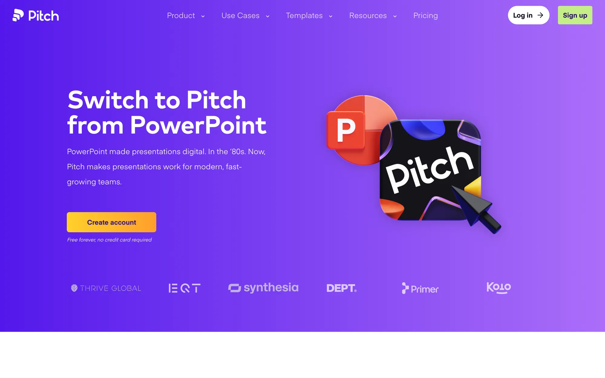 Pitch comparison page titled Switch to Pitch from PowerPoint with both app icons and a Create account button